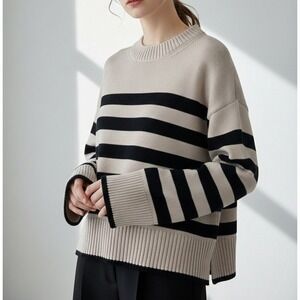 Evereve Womens Mock Neck Cropped Sweater Size XS Striped Tan Black Preppy Boho